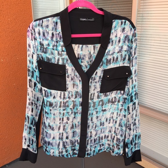 Gypsy 05 Blue Thumb Print Silk Mix Button Down - Picture 4 of 8